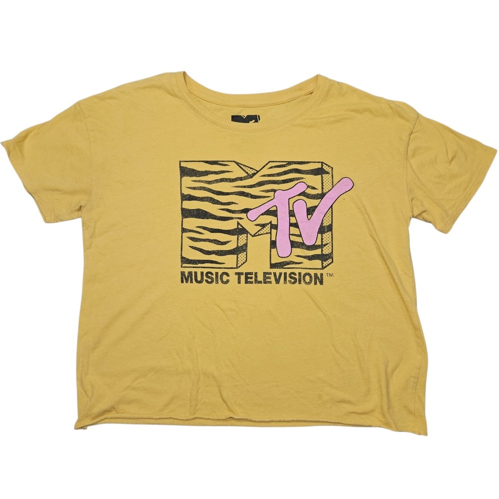 MTV Modern Retro Logo Graphic T-Shirt Mustard Yellow Tiger Print Sz M
